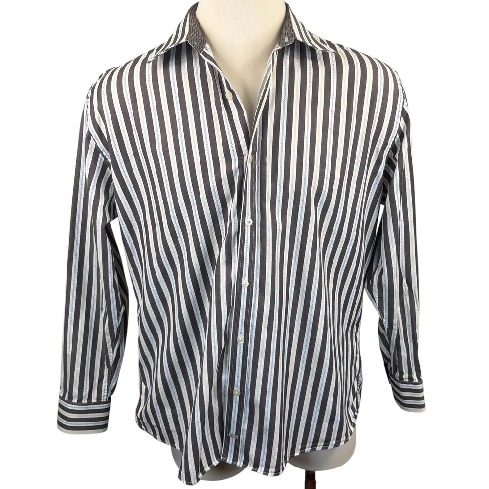 Johnston & Murphy Mens XL Tailored‎ Fit Brown White Blue Striped Button Down - Picture 2 of 4